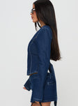 side view of model wearing Princess Polly Countryside Long Sleeve Top Denim Full Sleeves Crew Neck 