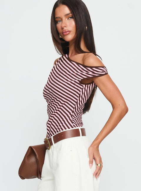 side view of model wearing Princess Polly Ayviana One Shoulder Bodysuit Pink / Brown Stripe Sleeveless 