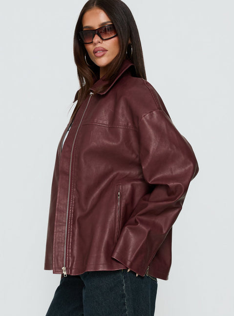 Napoleon Faux Leather Jacket Burgundy