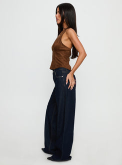 side view of model wearing Princess Polly Favourite Reference Mid Rise Straight Leg Jeans Dark Indigo Mid Rise Jeans 