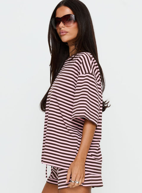 Settle Down Short Sleeve Top Pink / Brown Stripe