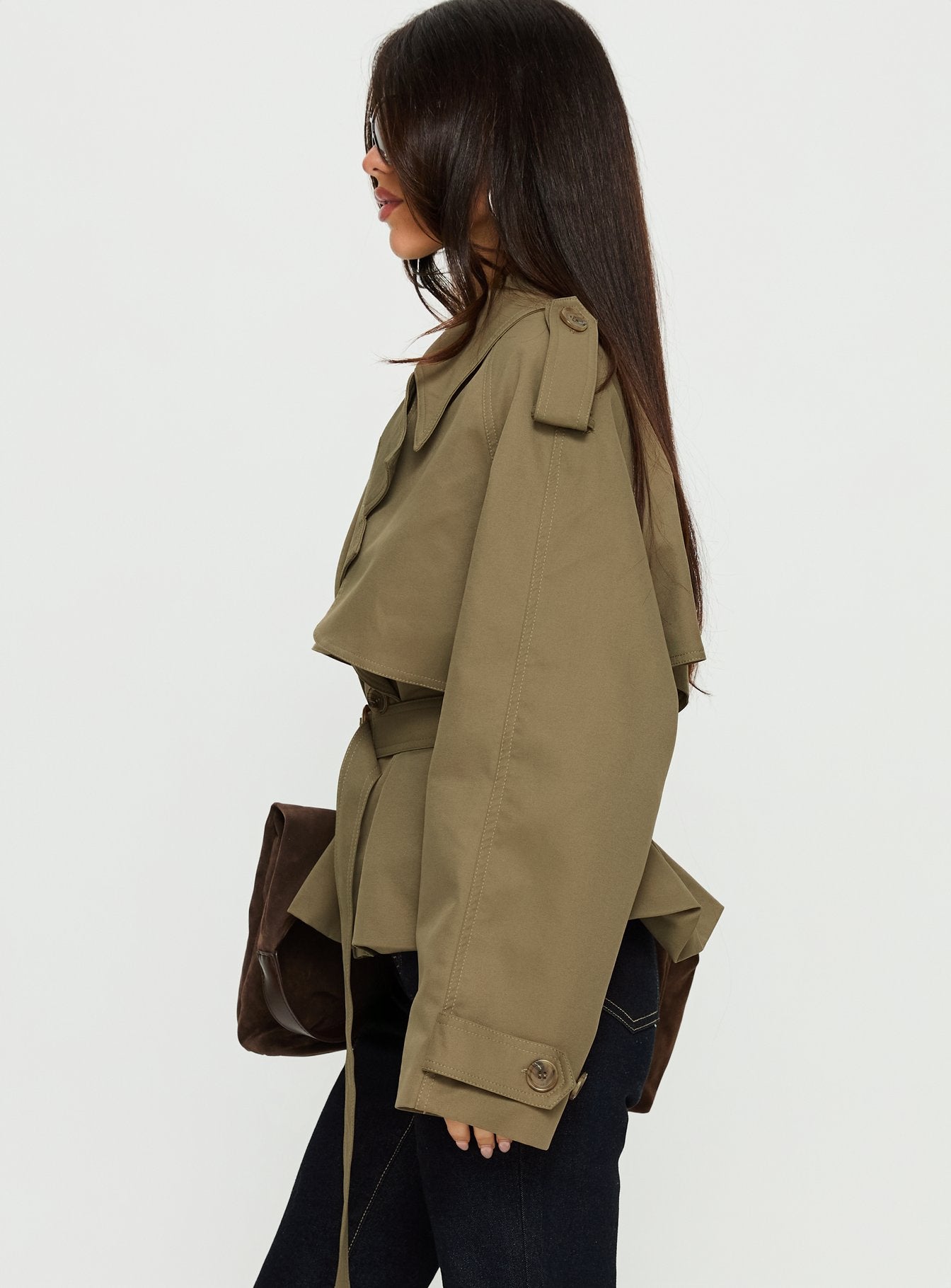 Eldora Cropped Trench Coat Green | Princess Polly