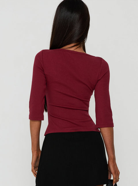 Baseline Rib V Neck 3/4 Sleeve Top Cherry Lacquer