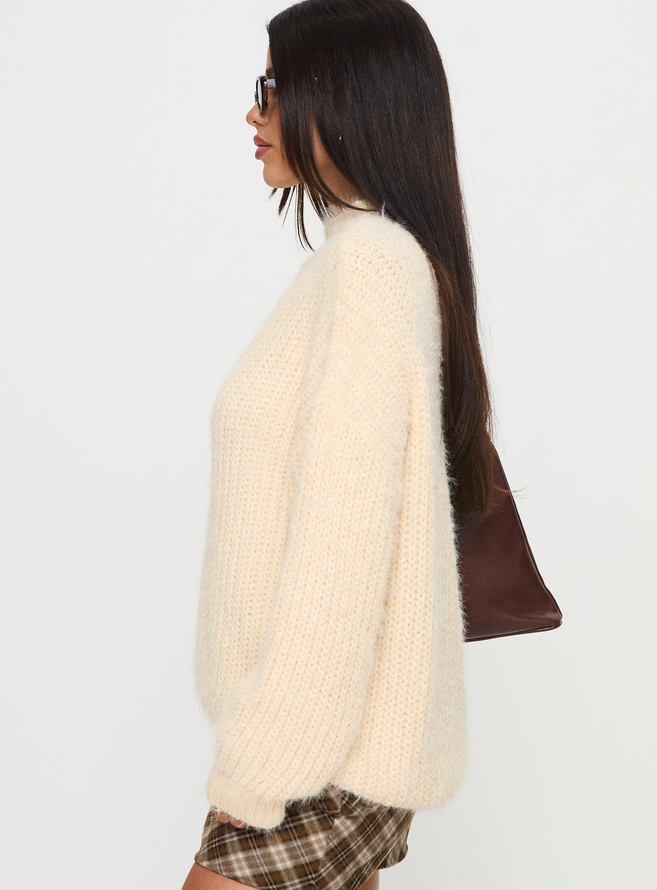 side view of model wearing Princess Polly Abott Sweater Butter Long 