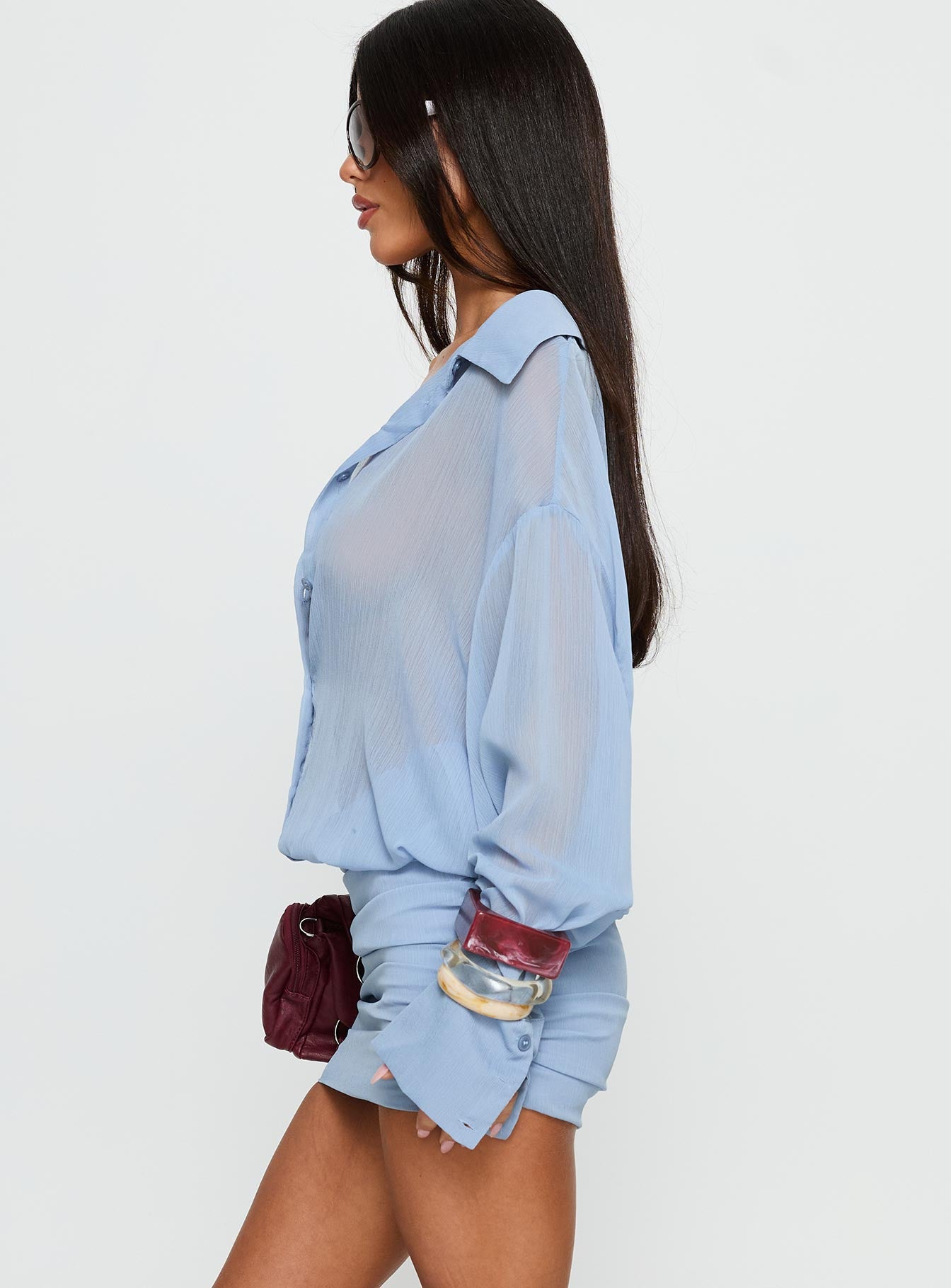 Moonrising Long Sleeve Sheer Blouson Mini Dress Blue