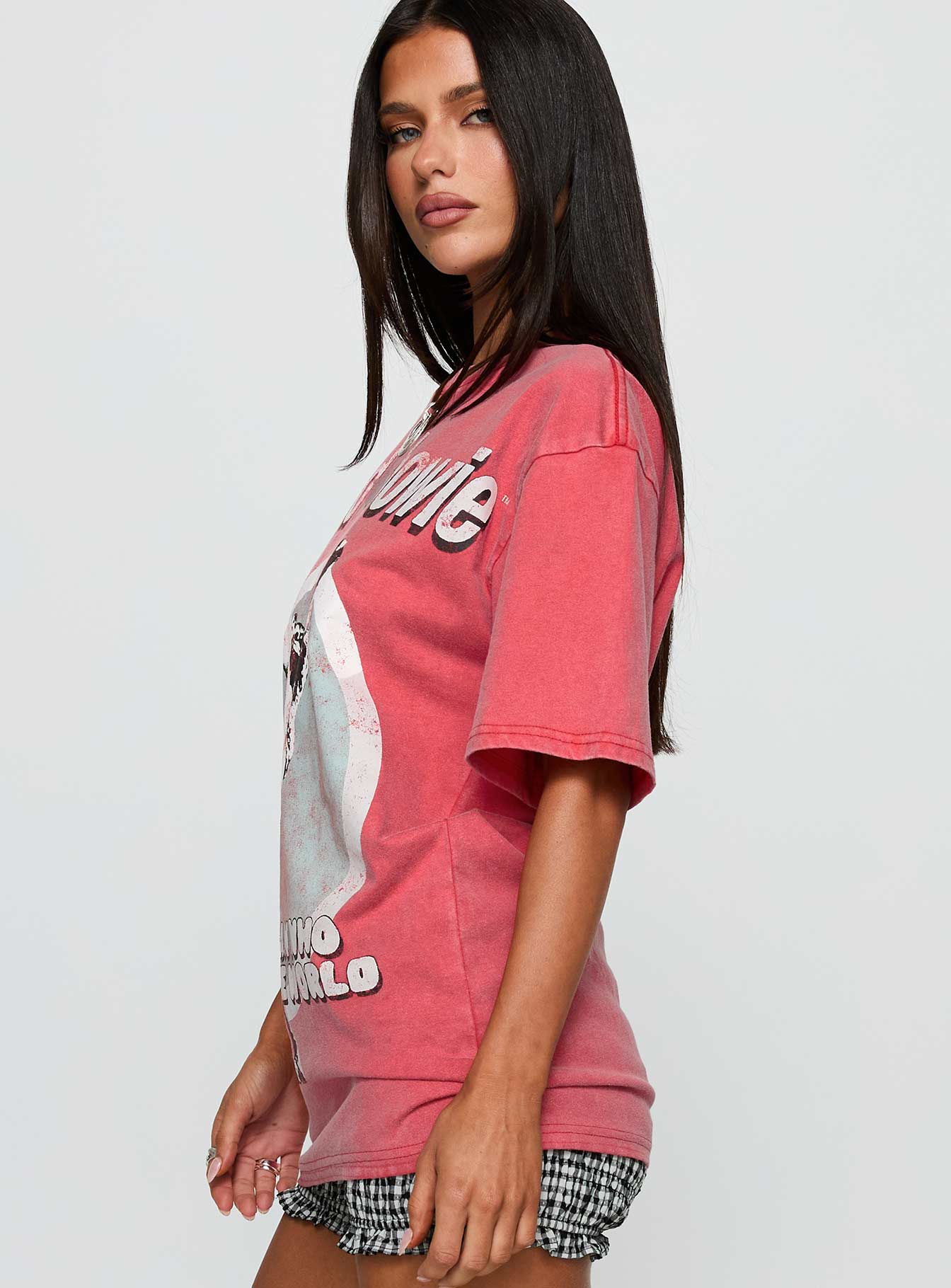 side view of model wearing Princess Polly David Bowie Vintage Oversized Graphic Tee Red Half Sleeves Crew Neck 