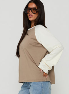 Settle Down Long Sleeve Raglan Top Beige Multi