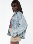 Oversized light wash denim jacket  Classic collar, drop shoulder, button fastening at front, oversized chest pocket, single button cuff