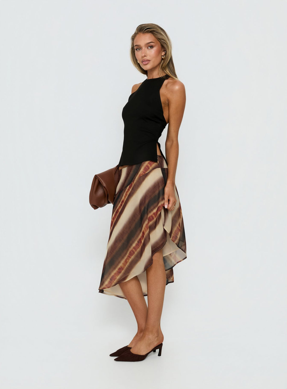 Esmira Asymmetrical Midi Skirt Brown Stripe Petite