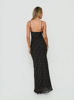 Alasia Lace Trim V Neck Maxi Dress Black Floral
