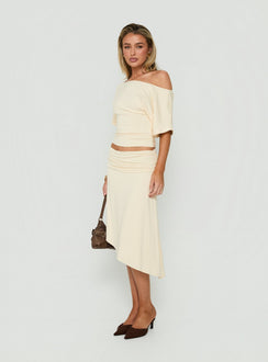 Sezzia Ruched Asymmetrical Midi Skirt Beige