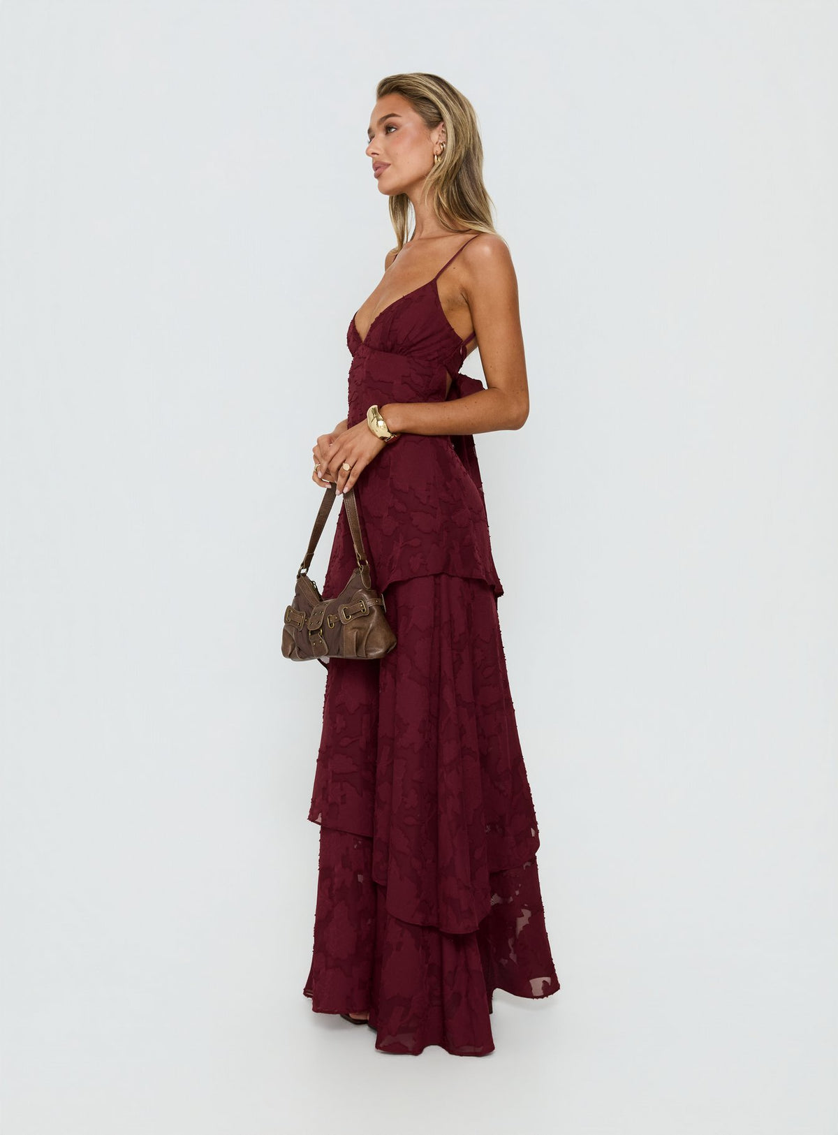 Lyricah Tiered Tie Back Maxi Dress Burgundy Petite