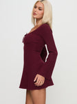 side view of model wearing Princess Polly Sandyra Knit Mini Dress Maroon Scoop Neck 