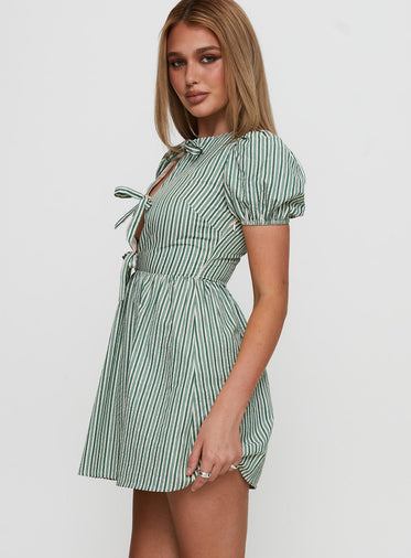 Nurture Bow Mini Dress Green Stripe
