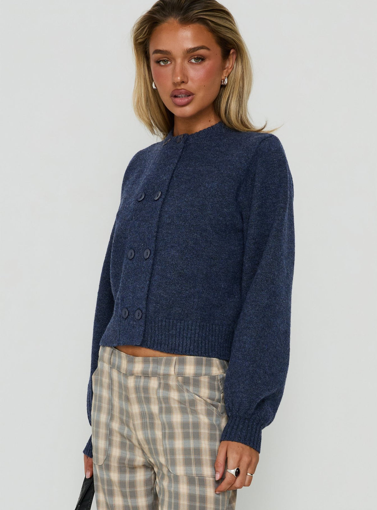 Explore the Kammi Button Up Cardigan Navy in womens-jumpers with short length side view of model wearing