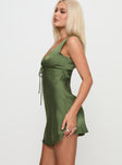 side view of model wearing Princess Polly Kosettina Mini Dress Green V-Neck 