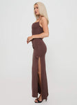 side view of model wearing Princess Polly Marchesi Cupro Maxi Dress Chocolate Square Neck 