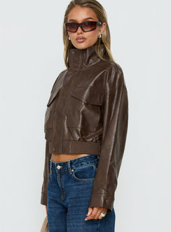 Ace Player Funnel Neck Faux Leather Jacket Brown Petite