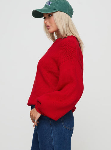 Harmony Balloon Sleeve Knit Sweater Red