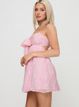 side view of model wearing Princess Polly Granno Mini Dress Pink Sweetheart Neckline 