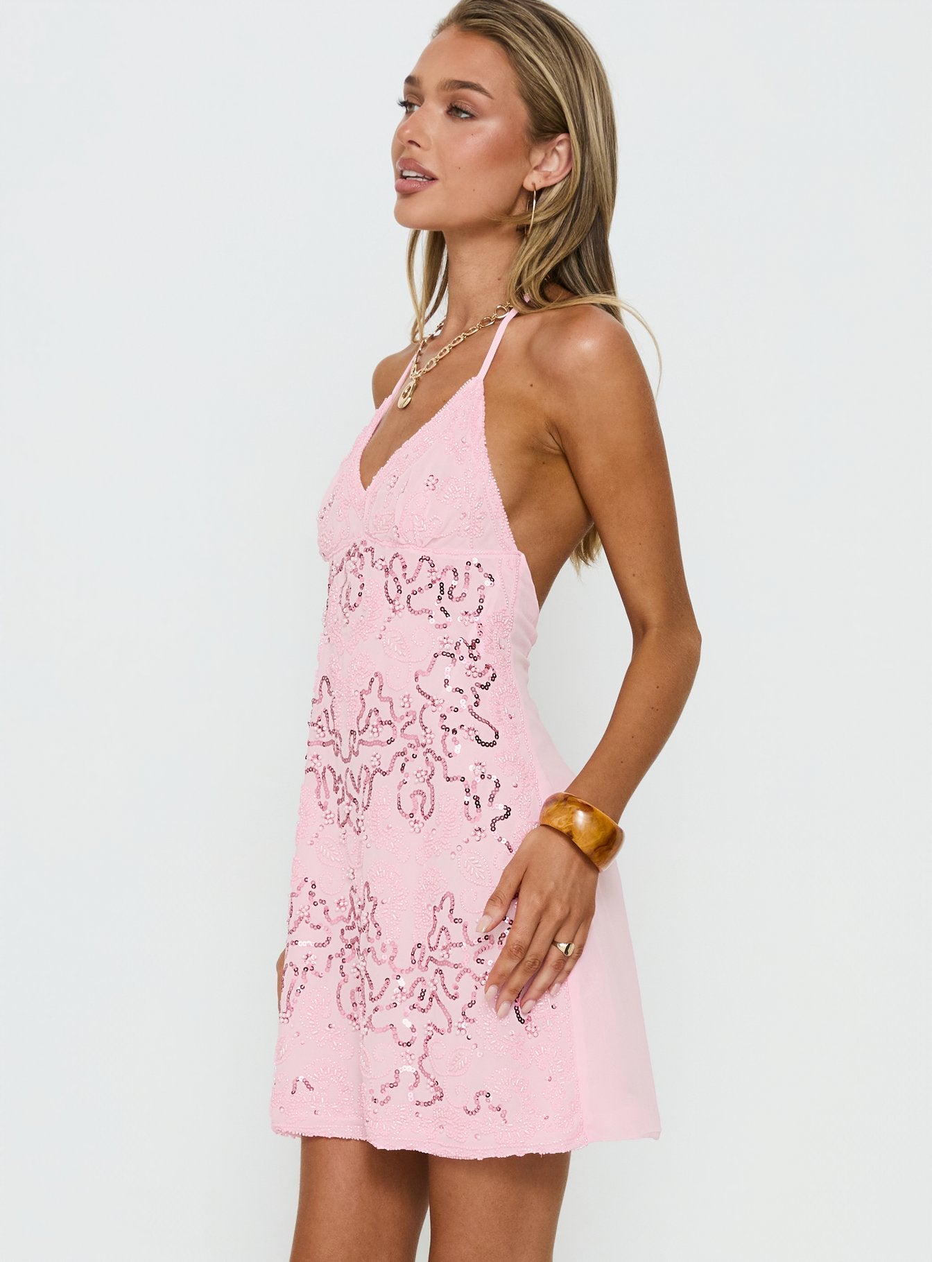 Stazia Beaded Mini Dress Pink | Princess Polly