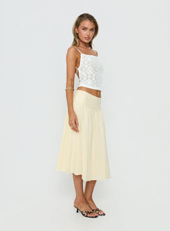   side view of model wearing Princess Polly Heart Of Gold Linen Blend Midi Skirt Lemon Midi Skirts 