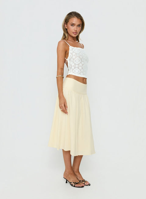   side view of model wearing Princess Polly Heart Of Gold Linen Blend Midi Skirt Lemon Midi Skirts 