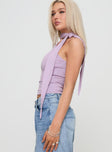 side view of model wearing Princess Polly Anderstone Neck Tie Top Purple Sleeveless Asymmetric Neckline 