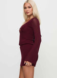 side view of model wearing Princess Polly Charming Long Sleeve Mini Dress Maroon V-Neck 