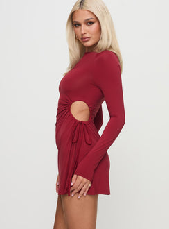 side view of model wearing Princess Polly Dusk Till Dawn Long Sleeve Mini Dress Burgundy Boat Neck 