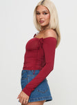 side view of model wearing Princess Polly Where You At Off Shoulder Long Sleeve Top Red Full Sleeves straight 