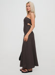 side view of model wearing Princess Polly Yahir Strapless Maxi Dress Brown Straight Neck 