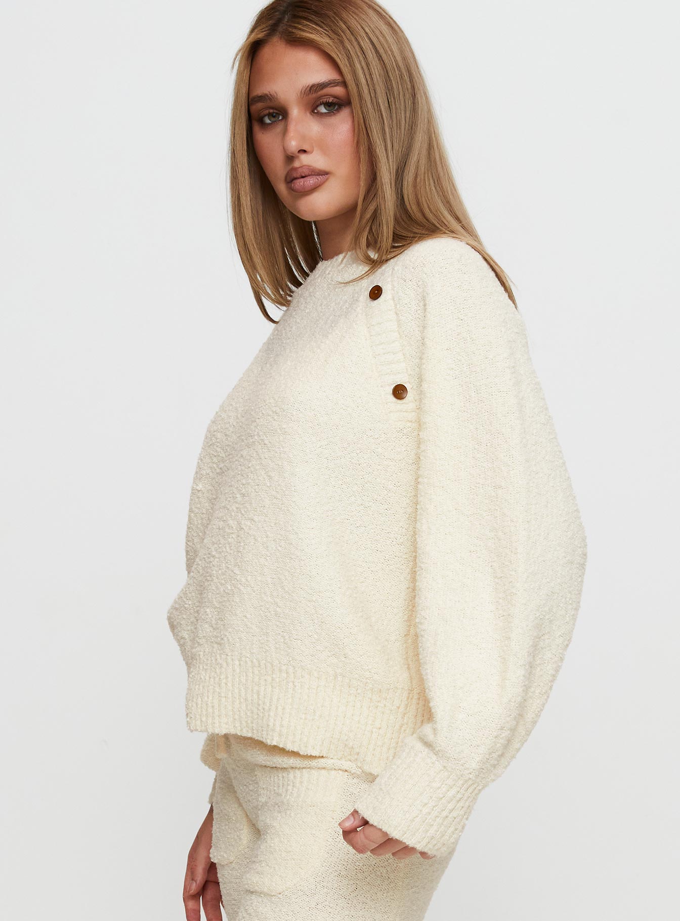 side view of model wearing Princess Polly Susi Fluffy Knit Sweater Ivory cropped 