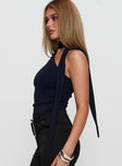 side view of model wearing Princess Polly Anderstone Neck Tie Top Navy Sleeveless Asymmetric Neckline 