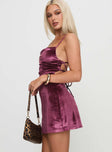 side view of model wearing Princess Polly Celena Velvet Mini Dress Purple Cowl Neck 