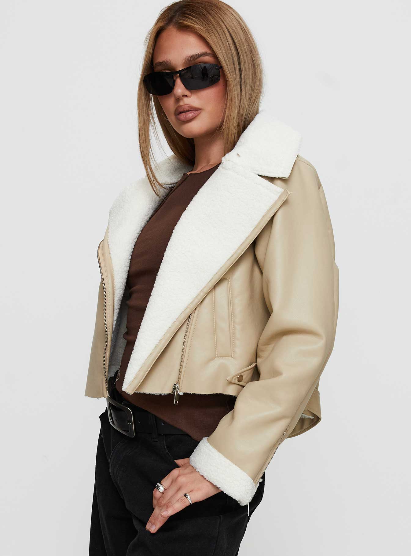 Shearling Trim Faux Leather Jacket Beige