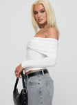 side view of model wearing Princess Polly Myrina Long Sleeve Top White Full Sleeves V-Neck 