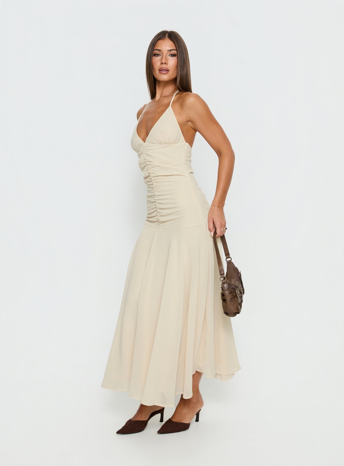 princess polly yellow halter dress Carlisla Ruched Halter Maxi Dress | Yellow | Womens