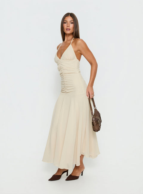 ruched halter maxi dress Seraiah Olive Green Knotted Ruched Halter Maxi Dress