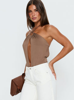 side view of model wearing Princess Polly Damiana Cut Out Bodysuit Brown Sleeveless 