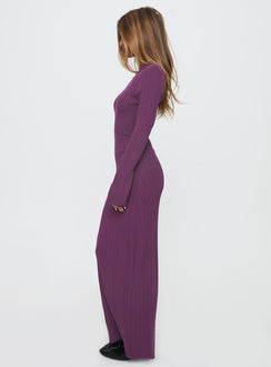 side view of model wearing Princess Polly Tesley Long Sleeve Maxi Dress Burgundy Crew Neck 