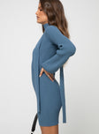 Mini dress, knit like material Off- shoulder long sleeve, slight puff to sleeve cuff Tie around neck detail 