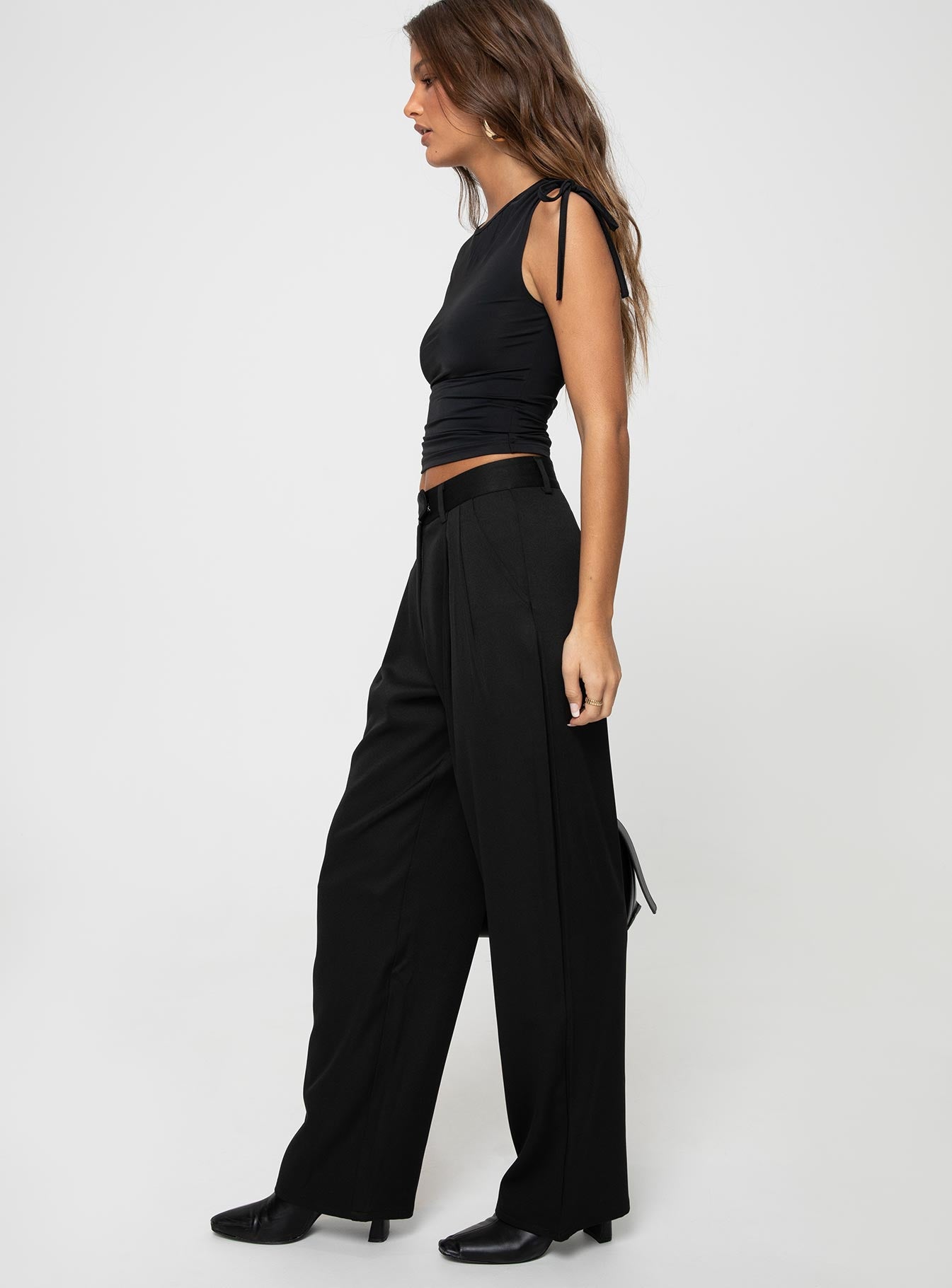 Front view of model wearing  front Princess Polly High Waisted Pants High Waisted Pants High Waisted Pants High Waisted Pants  Lifton Pants Black