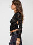 Lace long sleeve top Wide neckline, open back Good stretch, unlined, sheer