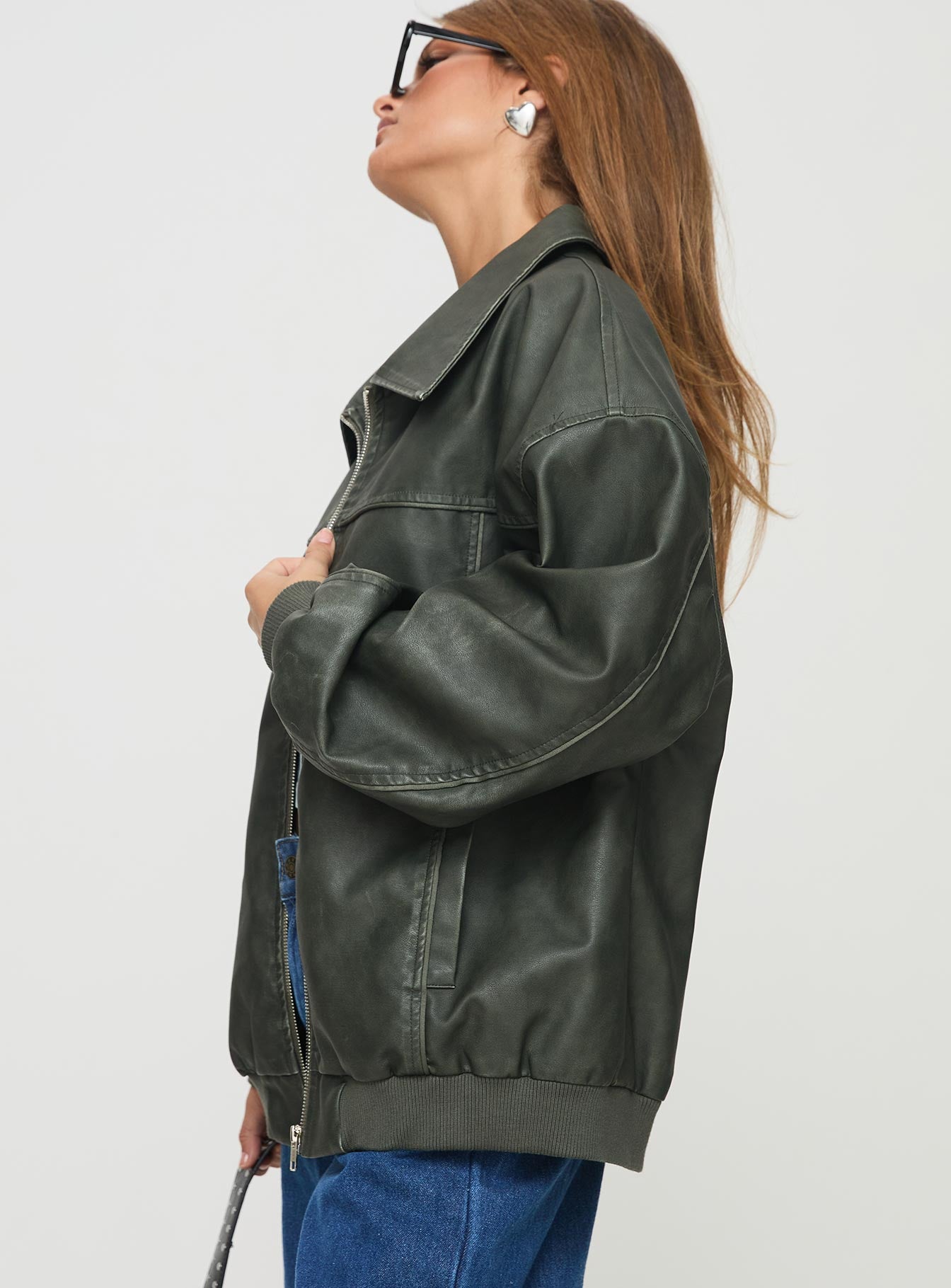 Faux leather bomber jacket Classic collar, ribbed waistband and cuffs, zip front fastening, twin hip pockets 