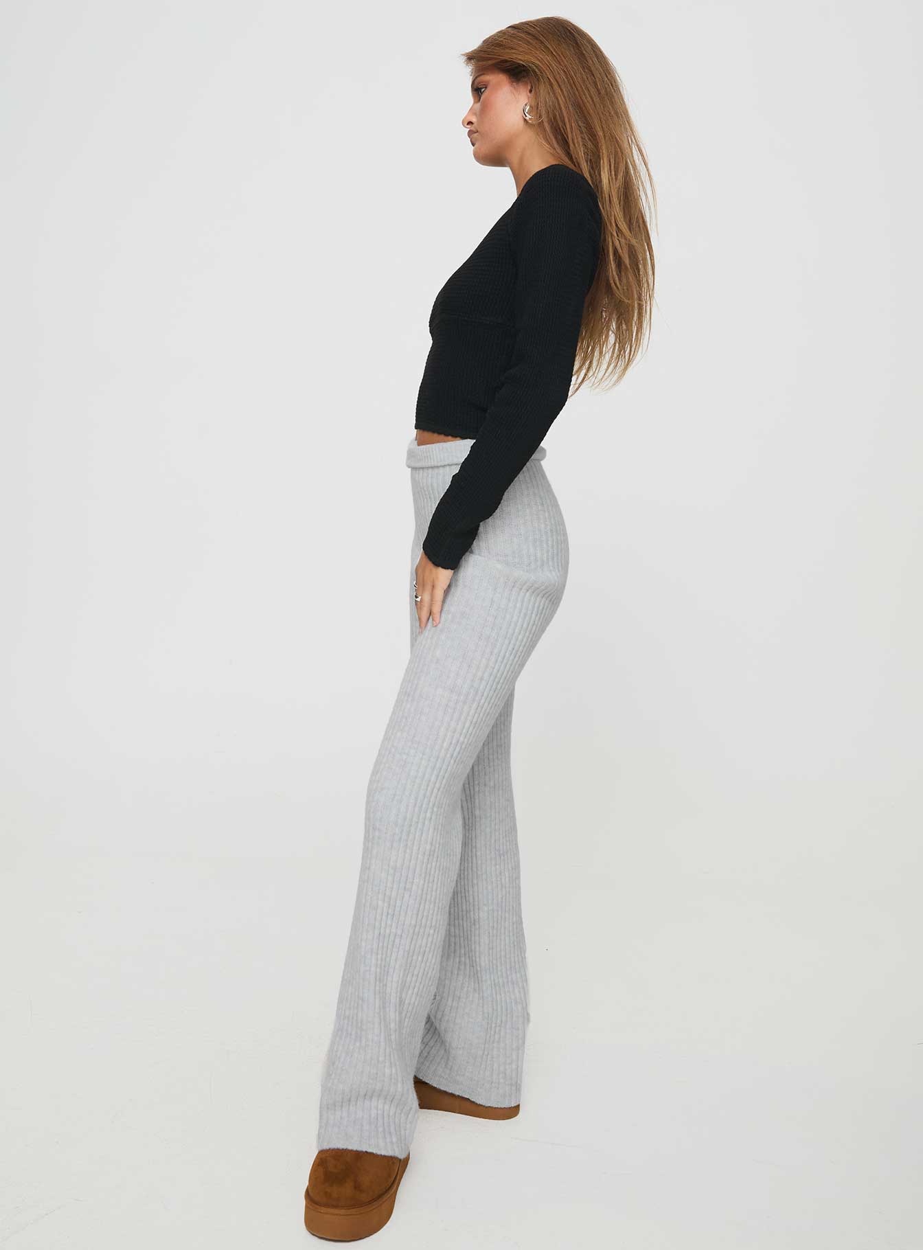 side view of model wearing Princess Polly Templa Knit Pants Grey Marle High Waisted Pants 