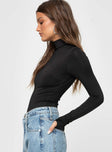 side view of model wearing Princess Polly Bayda Long Sleeve Bodysuit Black Full Sleeves High Neck 