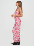 Pink maxi dress Adjustable shoulder straps, lace trim, v-neckline, ruched sides