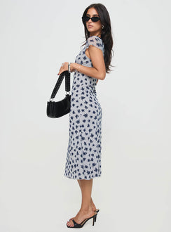 side view of model wearing Princess Polly Vilinia Midi Dress Floral Cluster Grey Plunger 