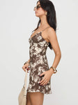 side view of model wearing Princess Polly Marilyn Mini Dress Brown / Floral V-Neck 